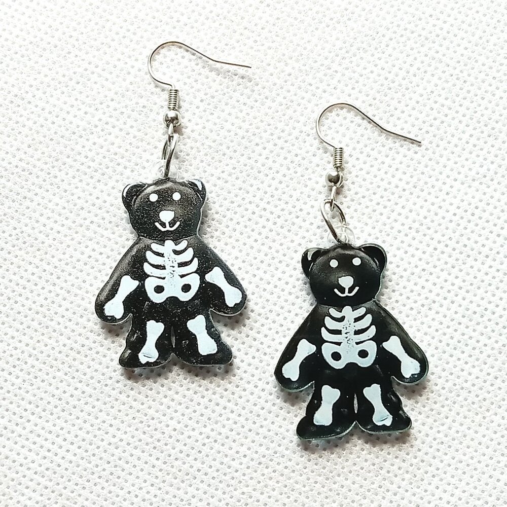 Teddy Bear Skeleton Earrings, Cute Halloween Earrings, Unique Earrings